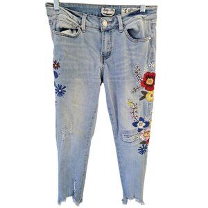 Indigo Rein Womens Embroidered Floral Ankle Jeans Blue Denim Size 7